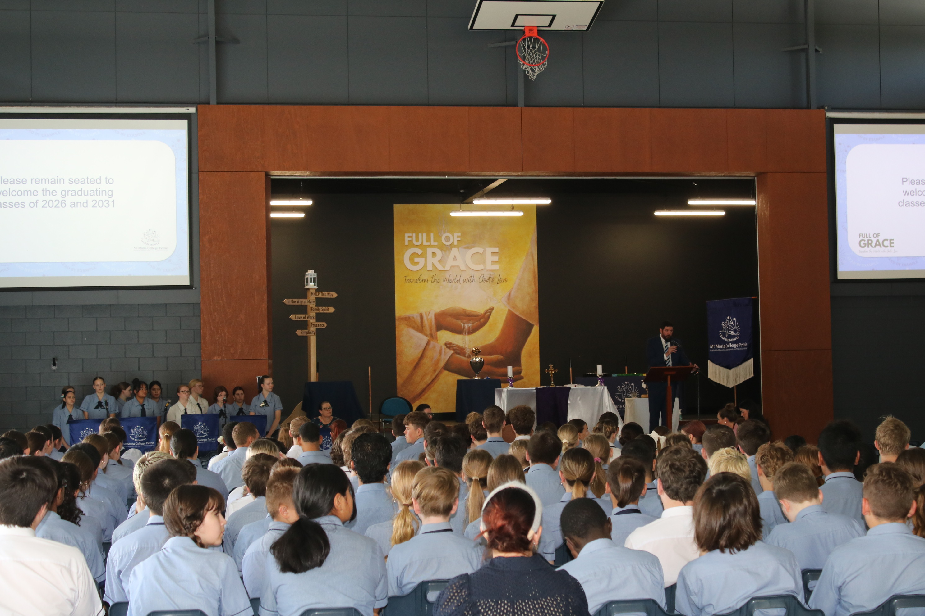 Students gathered in hall for Mass