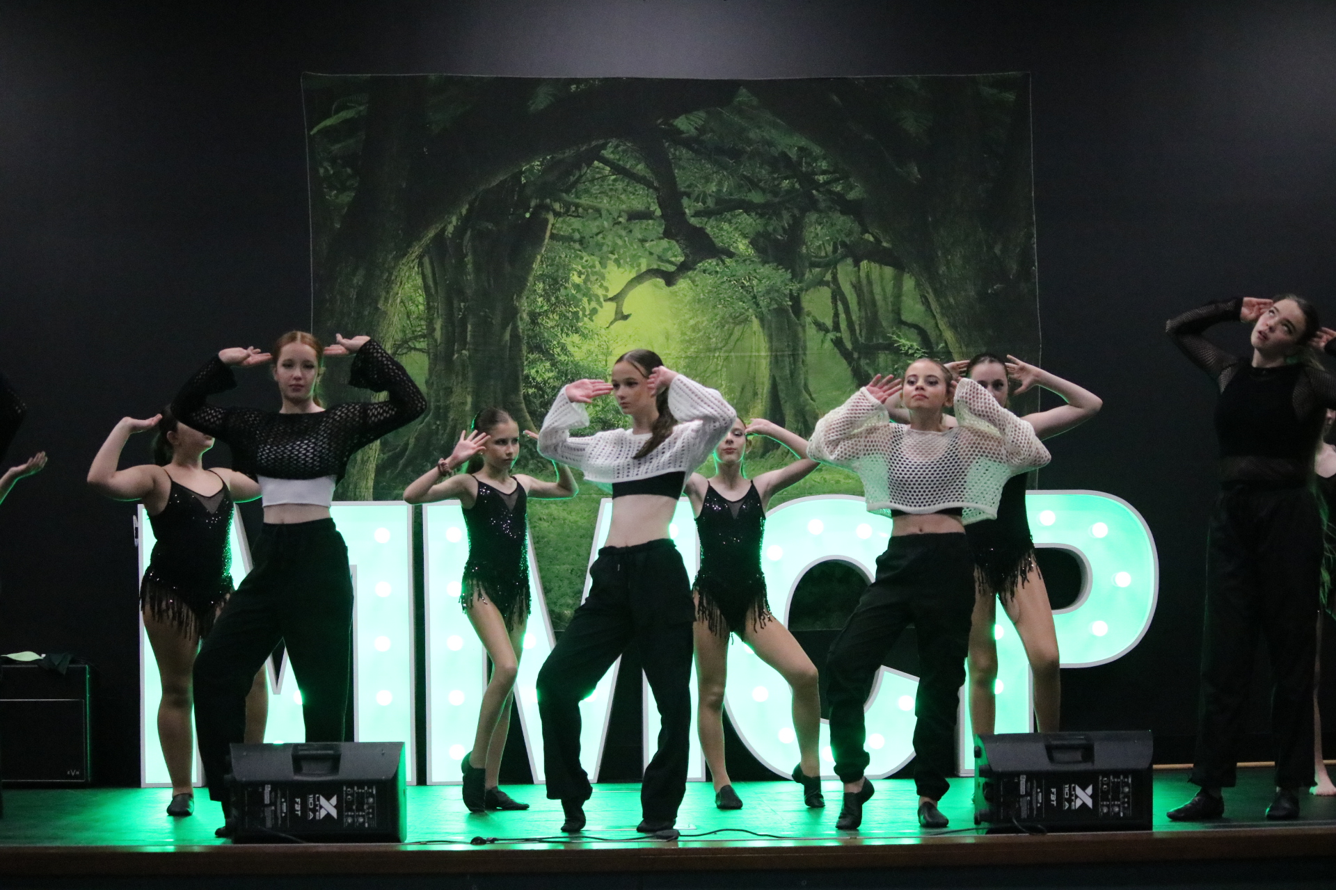 Group of performers on stage in coordinated outfits dancing in front of a forest backdrop